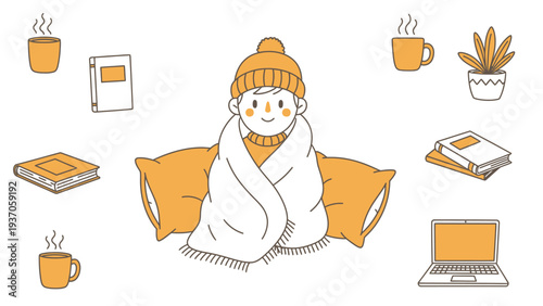 Cozy Person Wrapped in Blanket with Winter Hat.