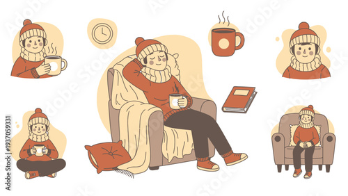 Cozy Winter Moments Collection with People Enjoying Warm Drinks and Relaxation.