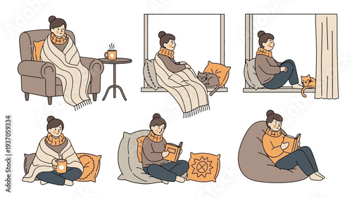 Cozy Winter Comfort - Women Relaxing with Blankets and Books.