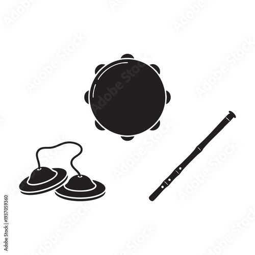 Traditional Acoustic Instruments Tambourine Finger Cymbals and Flute Set