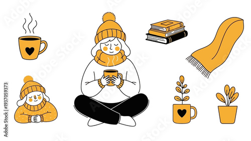 Cozy Winter Scene with Person Reading and Hot Drinks.