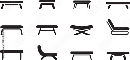 Various black benches and chairs in different styles and wooden