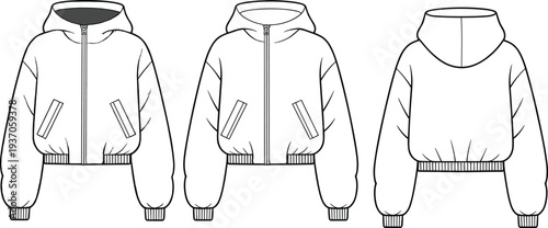 Three White Hooded Jackets with Zipper and Pockets in Different Views front view