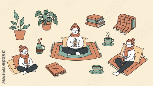 Cozy Winter Scene with People Enjoying Warm Drinks and Books.