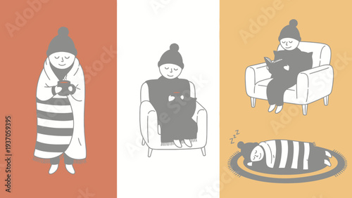 Cozy Winter Scenes Featuring a Person Wrapped in a Blanket and Sitting in a Chair.