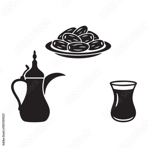 Arabian Hospitality Plate of Dates Dallah Coffee Pot and Tea Glass Set