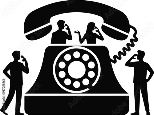 Telephone communication concept silhouette, people talking on vintage rotary phone, customer service support, business call center conversation illustration
