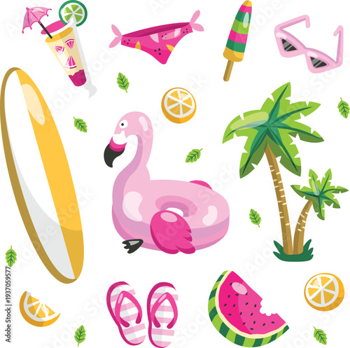 Tropical island holiday symbols with palm tree and surfboard vector