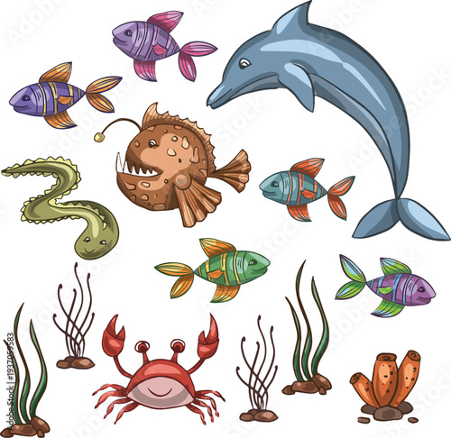 Under the sea animal collection with dolphin fish and crab vector