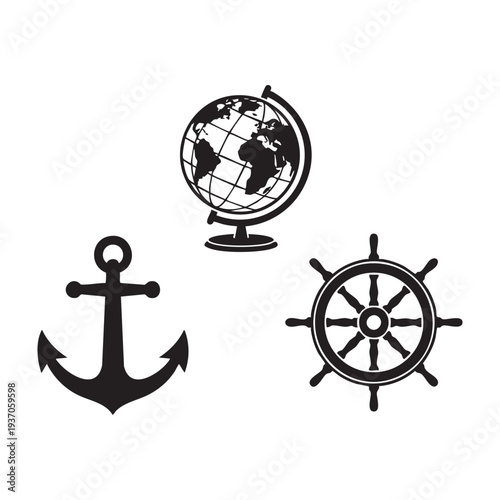 Classic Nautical Exploration Globe Anchor and Ship Wheel Silhouette Set