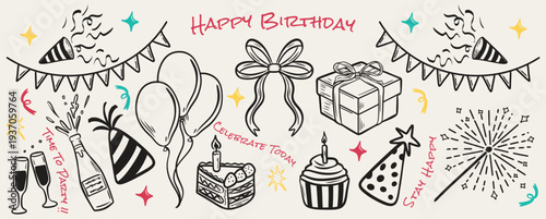 Happy birthday doodle celebration set with balloons cake gift fireworks party elements hand drawn vector collection