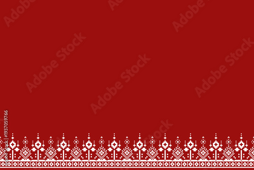 Red and white pixel border placed along the lower edge with repeating cross and diamond motifs. A symmetrical horizontal band above a wide red negative space for textile and surface layout.
