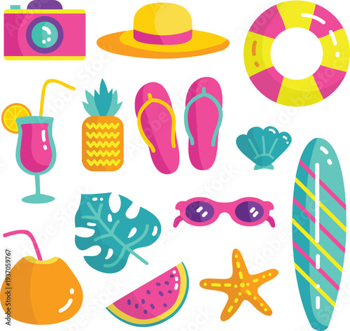 Yellow surfboard and pink swim tube for ocean fun vector