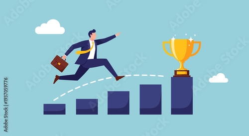 A dynamic businessman with a briefcase leaps confidently across an upward-trending bar chart, following a dashed trajectory to claim a shining golden trophy symbolizing ultimate business achievement