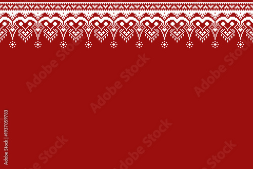 Red and white pixel border placed along the upper edge with repeating heart-shaped ornamental motifs. A horizontal decorative band above a wide red negative space for textile and surface layout.