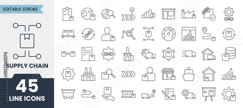 Supply chain line icons set with editable stroke. Containing inventory, warehouse, logistic, manufacturing, delivery and more. Vector illustration