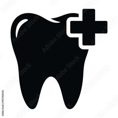 Black tooth icon with white medical cross symbol in modern minimalist style for healthcare and dental concepts