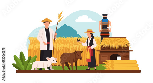 Traditional Farmers and Livestock in a Golden Harvest Field. Agriculture, Sustainable Farming, and Rural Life Vector Illustration.