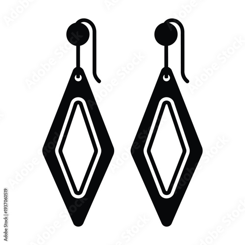 Elegant black and white diamond shaped dangle earrings with hooks hanging on a clean white background