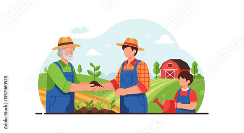 Generational Farmers Passing Down Legacy: Older man gives seedling to younger adult, representing agriculture succession, family farming, and future growth.