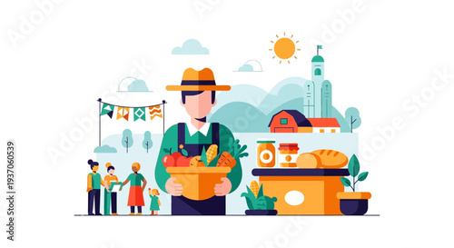 Farmer's Market Concept Vector Illustration. Local Seller Holding Produce Basket at Rural Farm Stand. Organic Food and Community Agriculture.