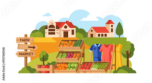 Flat Vector Illustration of Farm Market Stand with Fresh Produce, Clothing, and Rural Farmhouse Landscape.