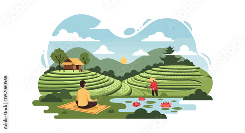 Peaceful Asian Rice Terraces Landscape: Man Meditating by Lotus Pond and Farmer Working. Rural Tranquility, Wellness, and Sustainable Agriculture Illustration.