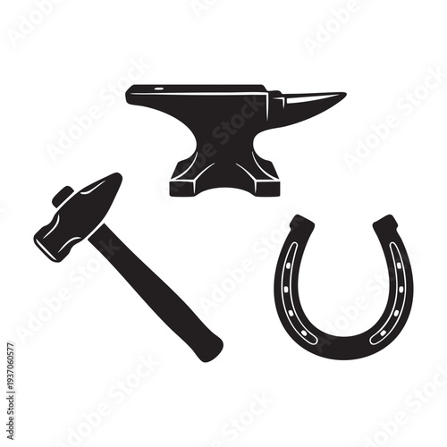 Traditional Blacksmith Tools Iron Anvil Hammer and Horseshoe Silhouette Set