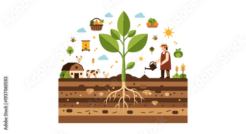 Flat Vector Illustration of Sustainable Agriculture Ecosystem. Farmer Watering Plant Growing in Cross-Sectioned Soil Layers with Farm Animals.