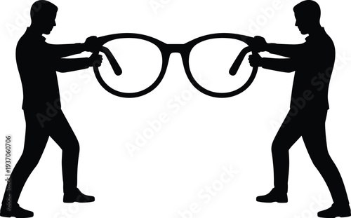 Vision conflict concept silhouette, two men pulling eyeglasses opposite directions, perspective disagreement, debate idea, misunderstanding perception metaphor illustration design
