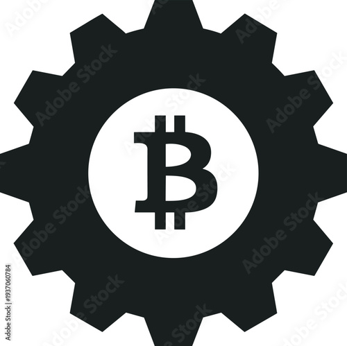 Black gear cogwheel with Bitcoin symbol inside, representing cryptocurrency mining, blockchain technology, crypto finance mechanism, digital 