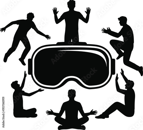 Virtual reality experience concept silhouette, people interacting with VR headset technology, immersive digital world, metaverse gaming innovation illustration