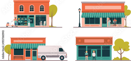 Local grocery and small shop storefront buildings vector set with people characters isolated on white modern city retail illustration