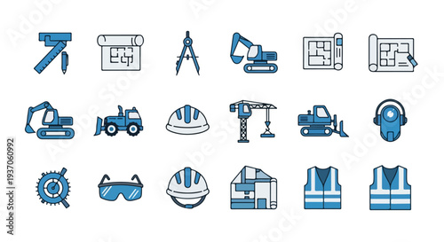 A comprehensive collection of flat, blue-themed icons depicting various tools, vehicles, and safety equipment related to construction and engineering.