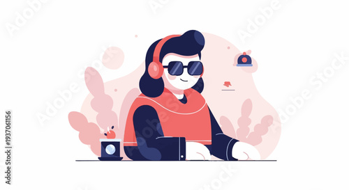 Modern character with headphones and sunglasses enjoys a beverage with a casual backdrop