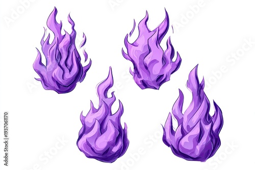 Four stylized flames, violet with brighter highlights, rendered on a white background