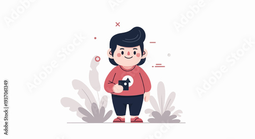 A cartoon person in a red shirt and dark pants holding a phone