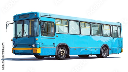A bright blue public transport bus with yellow accents, viewed from the side
