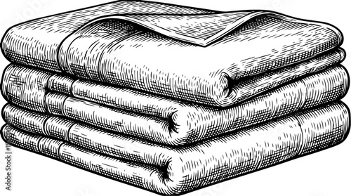 Folded towel stack fabric linen textile vector engraving style on white isolated background for laundry bathroom poster design