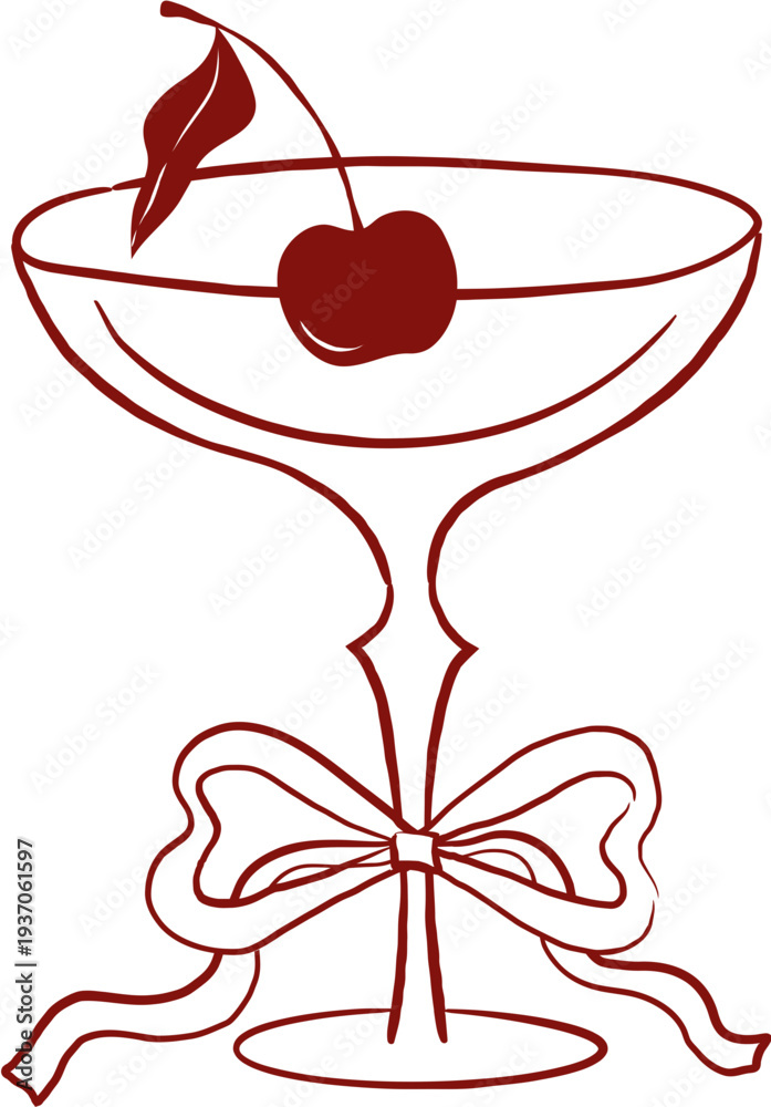 Fototapeta premium Cocktail glass with cherry and coquette ribbon bow. Vintage hand drawn wedding line art illustrations and graphic elements series