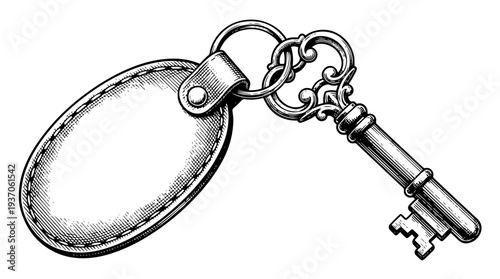 Key with keychain and oval fob accessory vector engraving style on white isolated background for locksmith security emblem design
