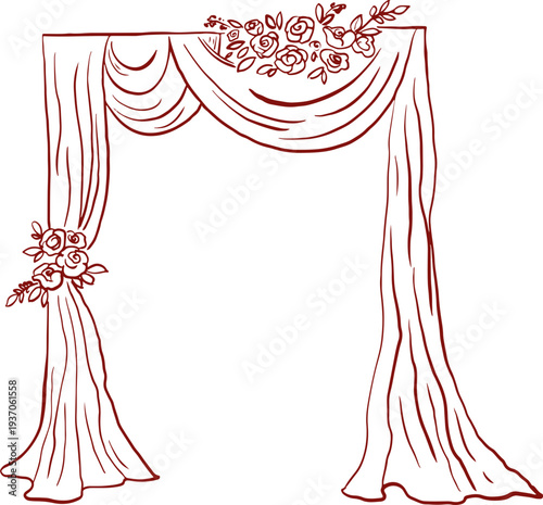 Floral wedding arch with draped fabric curtains and flowers. Vintage hand drawn wedding line art illustrations and graphic elements series