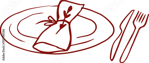 Wedding table setting with palate, napkin, decorative bow plate and cutlery. Vintage hand drawn wedding line art illustrations and graphic elements series