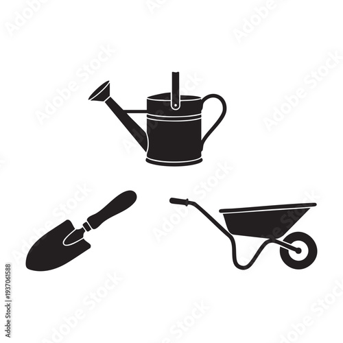 Vintage Gardening Watering Can Hand Trowel and Wheelbarrow Silhouette Set