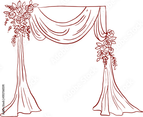 Floral wedding arch with draped fabric curtains and flowers. Vintage hand drawn wedding line art illustrations and graphic elements series