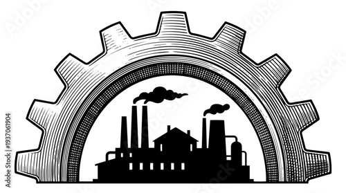 Gear with factory silhouette industrial emblem vector engraving style on white isolated background for manufacturing logo badge design