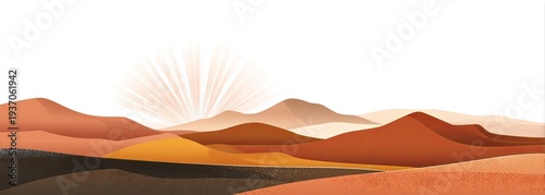 Abstract landscape of warm-toned mountains with a rising sun and textured details