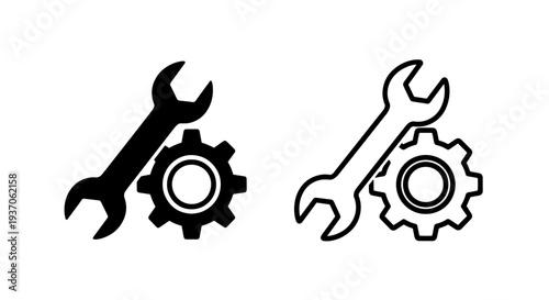 Wrench and Gear Icons: Repair, Mechanics, Industry, Tool Set, Technical Support