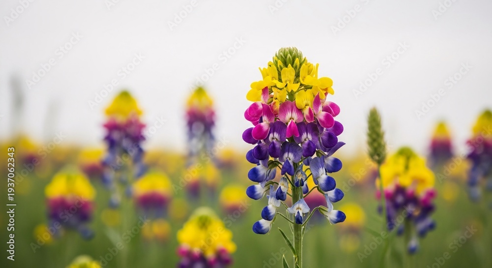 Obraz premium Vibrant field of colorful wildflowers with yellow, pink, purple, and blue gradient blooms under a soft sky.