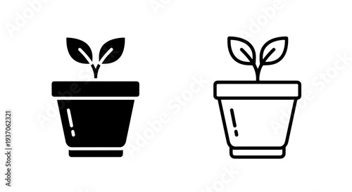 Sprout Icon: Solid and Outline, Seedling Growing in Pot Symbol